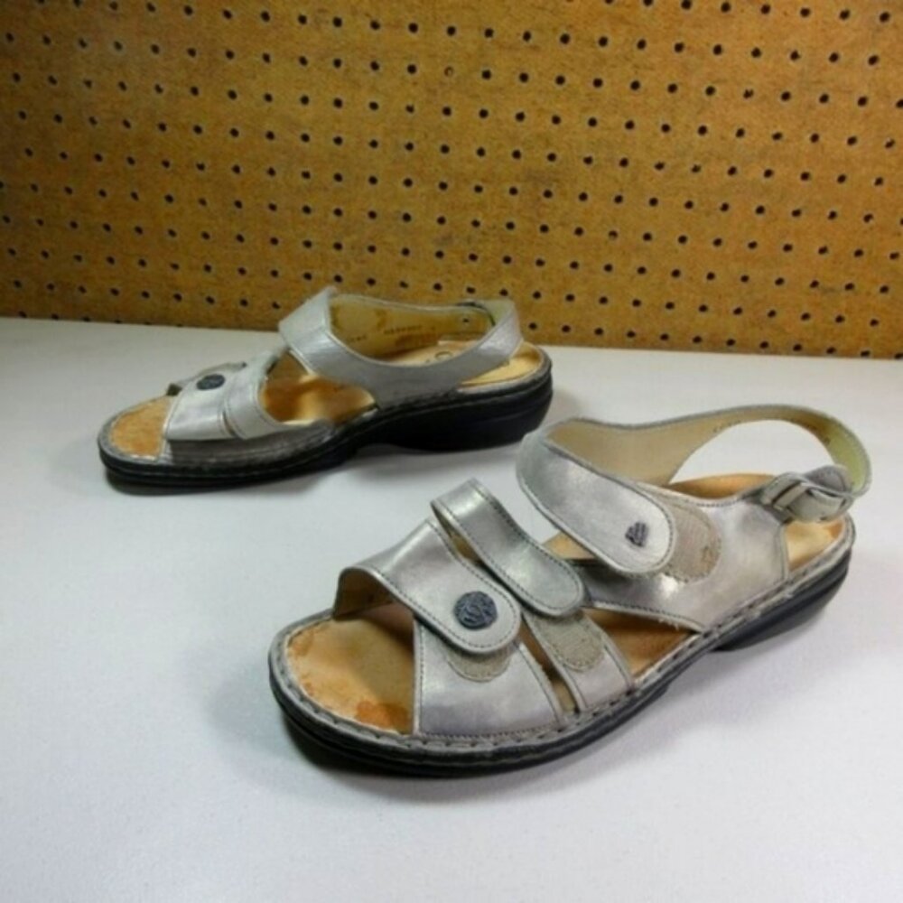 Finn Comfort Silver Leather Adjustable Strap Sandals